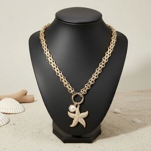 Starfish Pearl Charm Pendant Chunky Link Chain Necklace